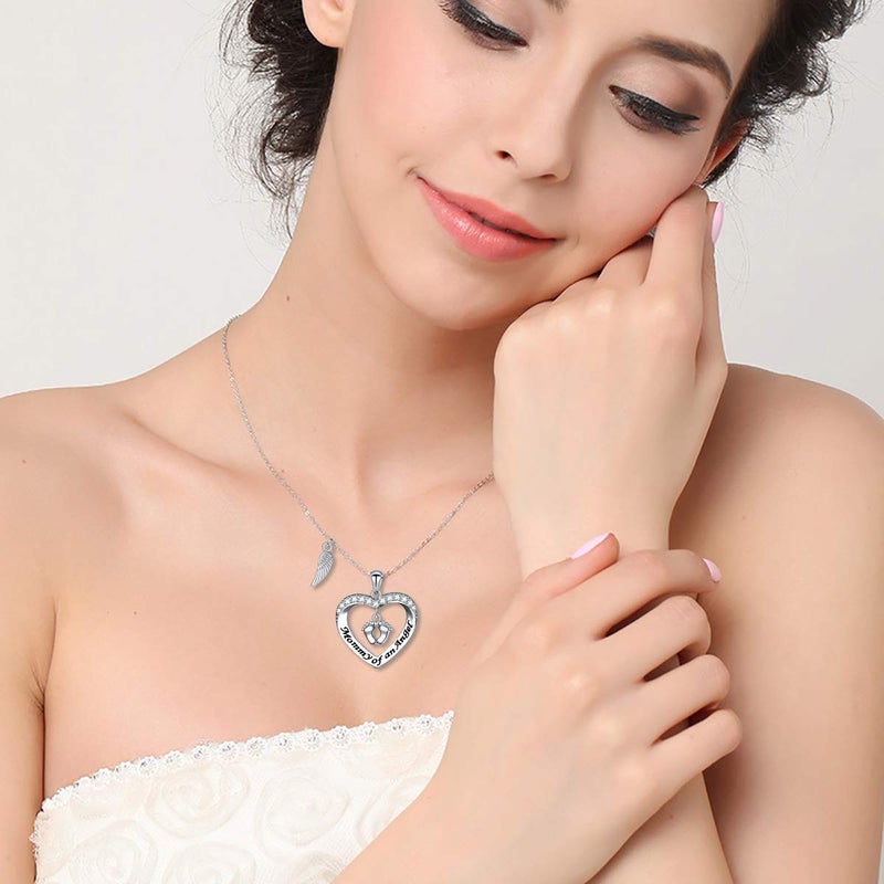 DAOCHONG Mommy of an Angel Necklace Angel Necklace Foot Print Sterling Silver Memorial Jewelry Sympathy Gift for Women Mother Mom Silvery - Image 3